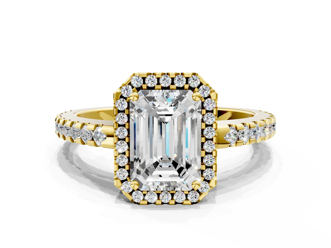 Yellow gold Emerald Cut Diamond Halo Engagement Ring with Pavé Band and Prong Setting_27