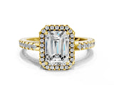 Yellow gold Emerald Cut Diamond Halo Engagement Ring with Pavé Band and Prong Setting_27