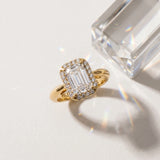 Yellow gold Emerald Cut Diamond Halo Engagement Ring with Split Shank and Four-Prong Setting_15