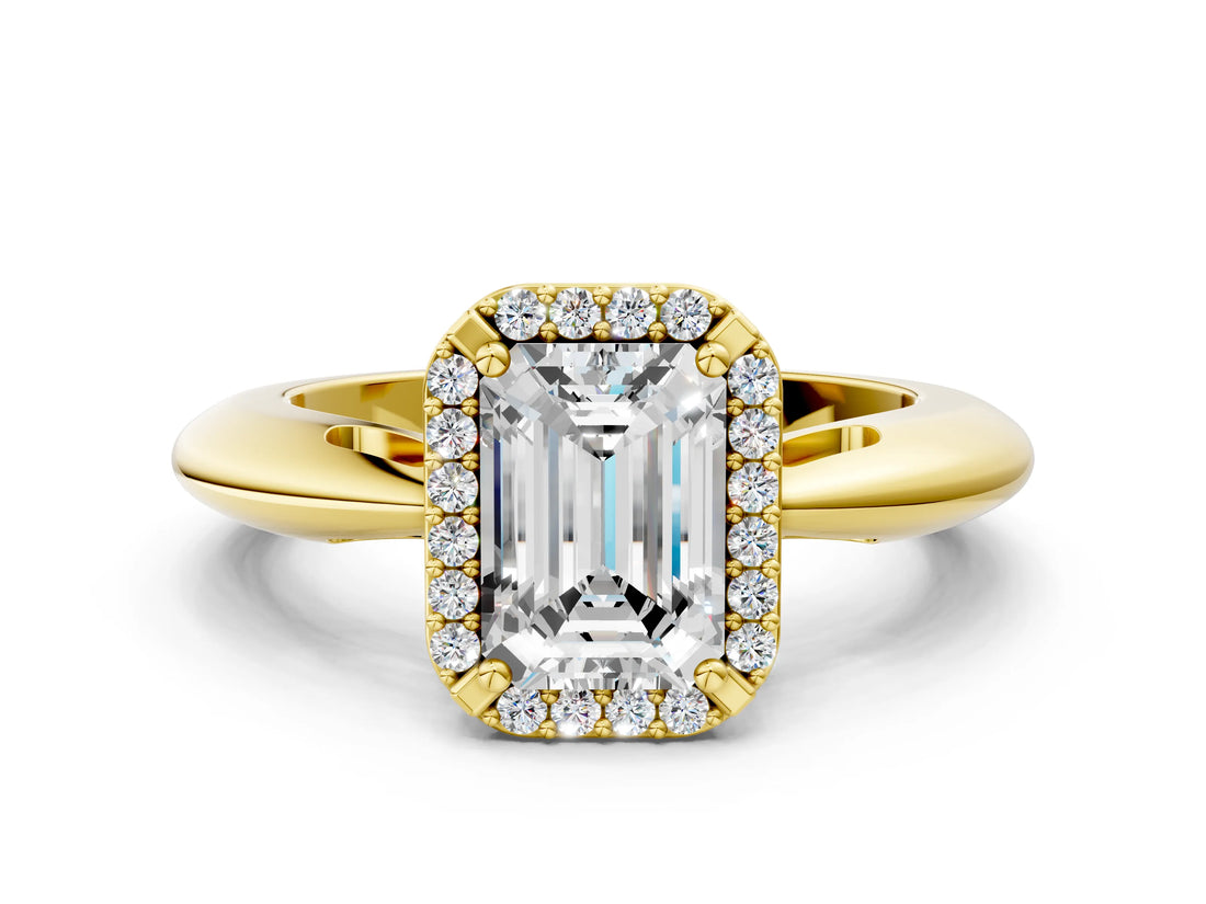 Yellow gold Emerald Cut Diamond Halo Engagement Ring with Split Shank and Four-Prong Setting_94