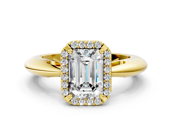 Yellow gold Emerald Cut Diamond Halo Engagement Ring with Split Shank and Four-Prong Setting