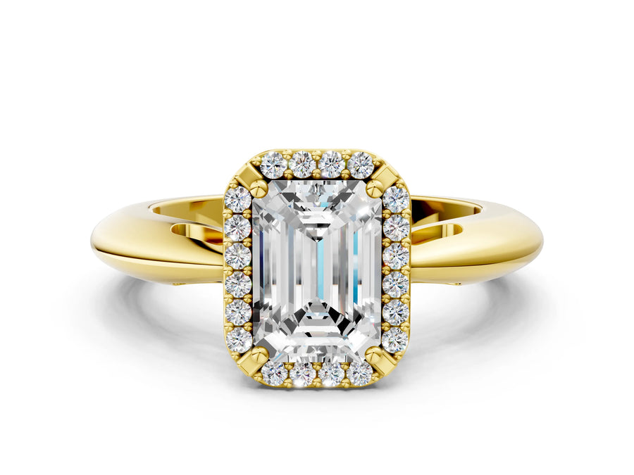 Yellow gold Emerald Cut Diamond Halo Engagement Ring with Split Shank and Four-Prong Setting