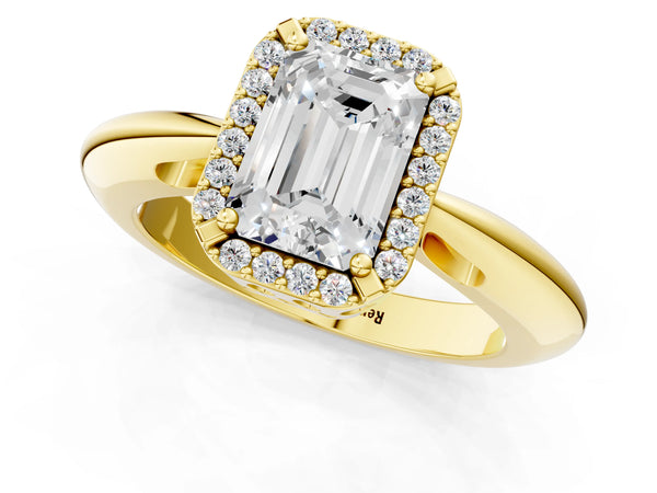 Yellow gold Emerald Cut Diamond Halo Engagement Ring with Split Shank and Four-Prong Setting
