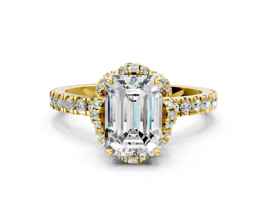 Yellow gold Emerald Cut Diamond Halo Pave Band with Four-Prong Setting_4