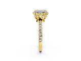 Yellow gold Emerald Cut Diamond Halo Pave Band with Four-Prong Setting_6