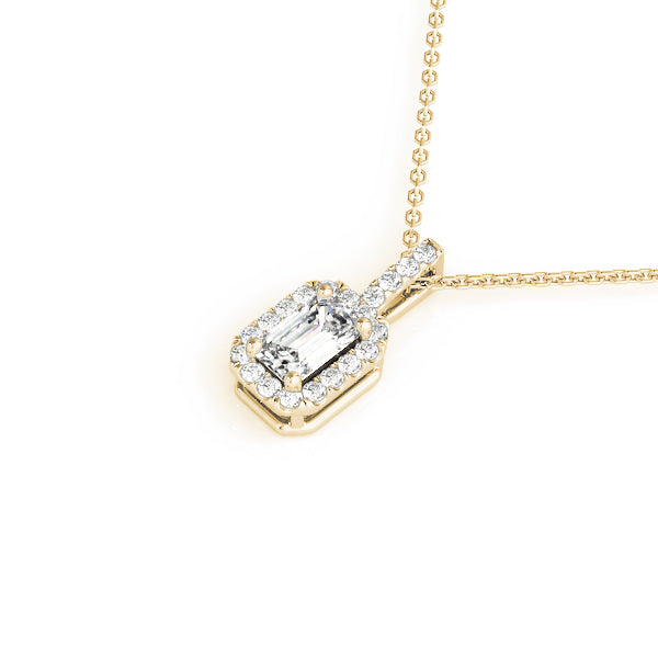 Yellow gold Emerald Cut Diamond Halo Pendant with Prong Setting