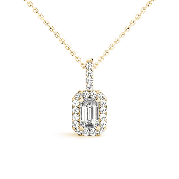 Yellow gold Emerald Cut Diamond Halo Pendant with Prong Setting