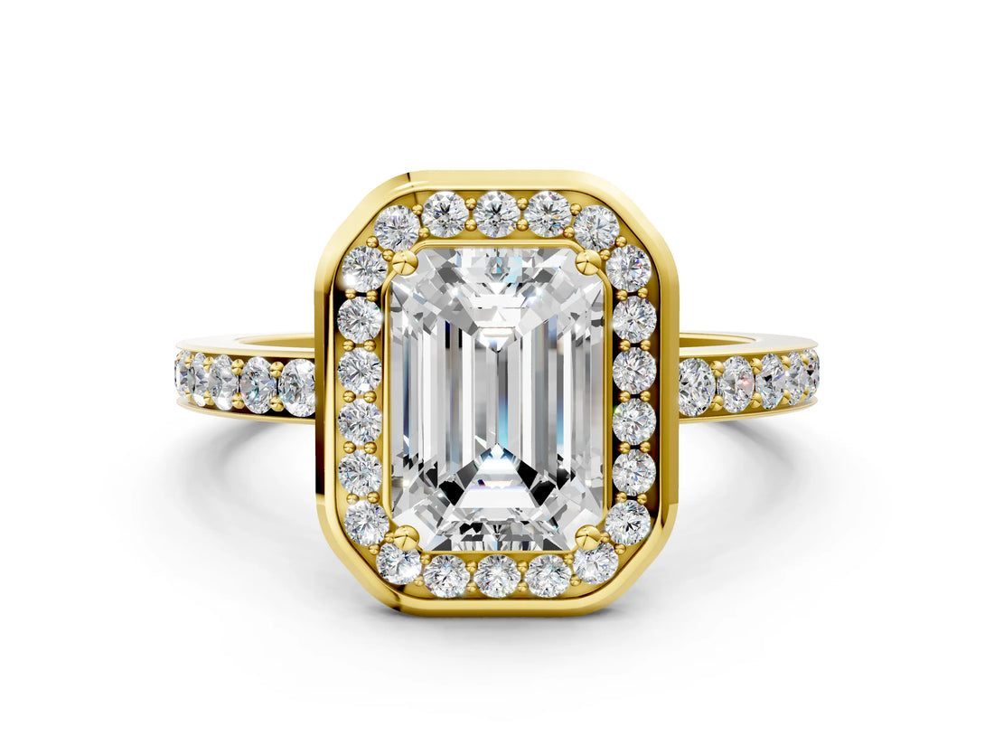 Yellow gold Emerald Cut Diamond Halo Ring with Bezel Frame and Pavé Band_3