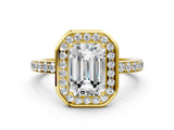 Yellow gold Emerald Cut Diamond Halo Ring with Bezel Frame and Pavé Band_3