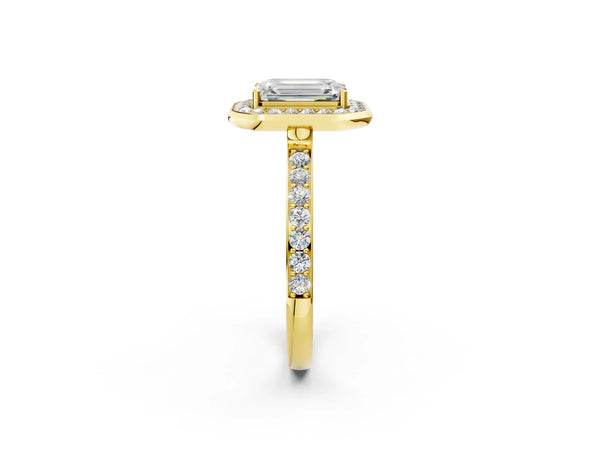 Yellow Gold Emerald Cut Pave Bezel-Rim Halo Engagement Ring Setting