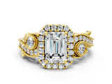 Yellow gold Emerald Cut Diamond Halo Ring with Milgrain Pavé Band and Four-Prong Setting_39