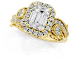 Yellow gold Emerald Cut Diamond Halo Ring with Milgrain Pavé Band and Four-Prong Setting_40