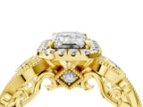 Yellow gold Emerald Cut Diamond Halo Ring with Milgrain Pavé Band and Four-Prong Setting_43