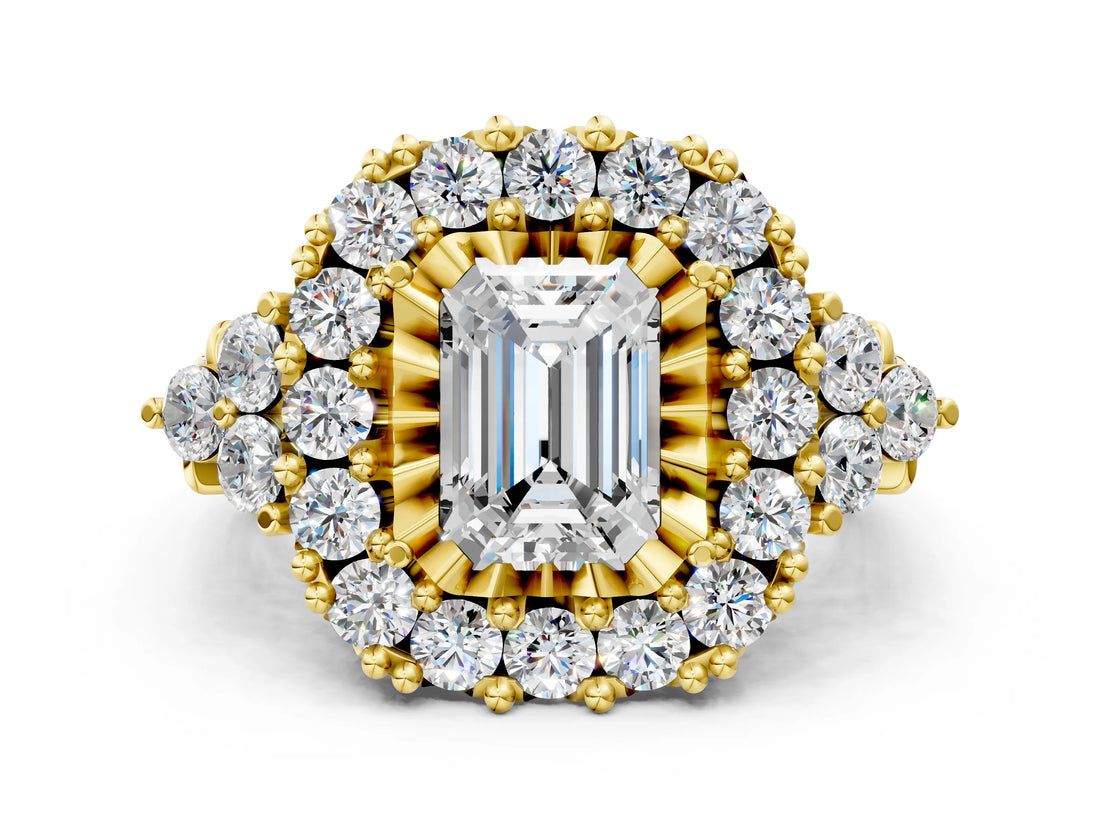 Yellow gold Emerald Cut Diamond Halo Ring with Pavé Band and Four-Prong Setting_41