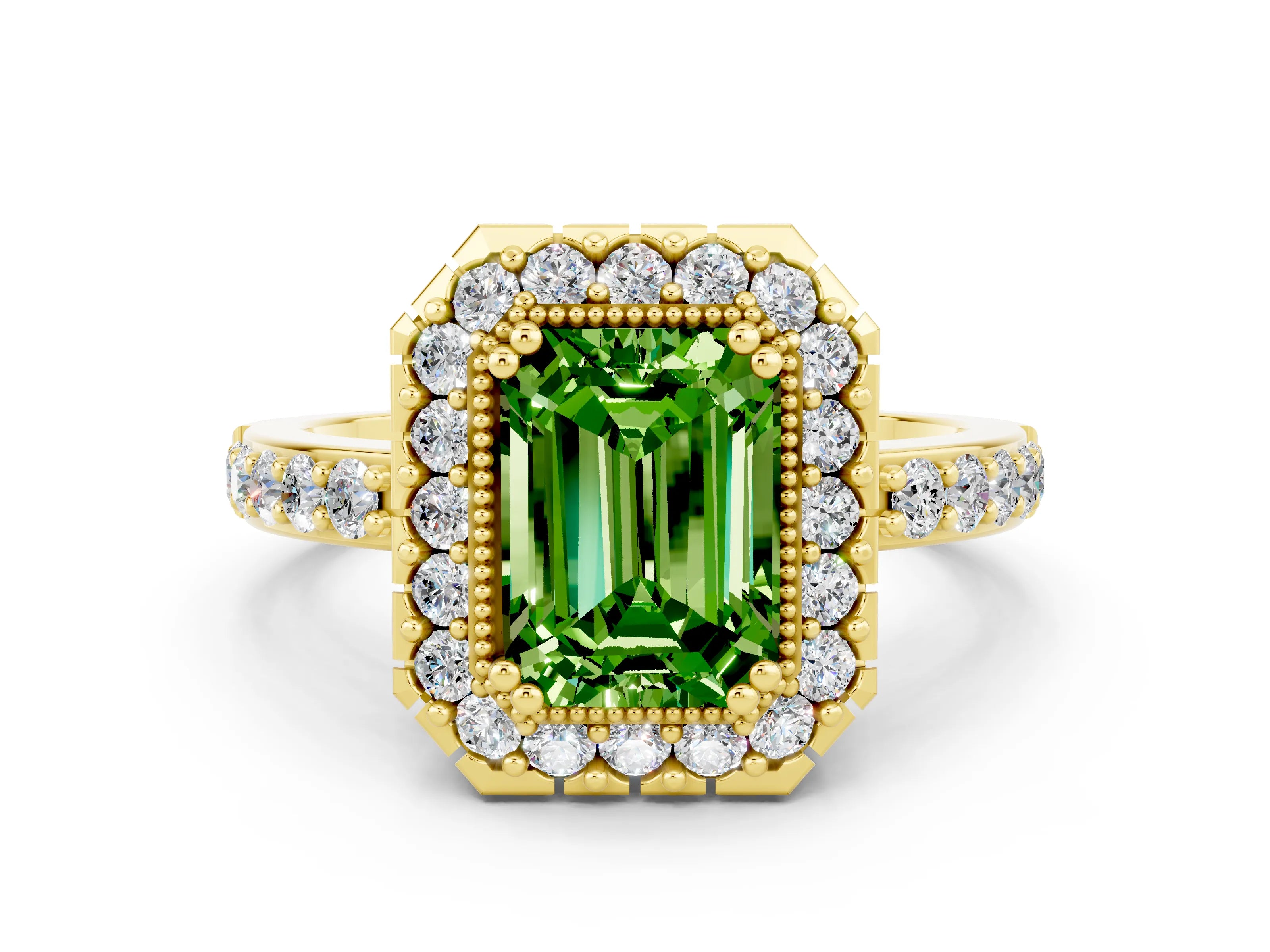 Yellow gold Emerald Cut Diamond Halo Ring with Pavé Band and Prong Setting