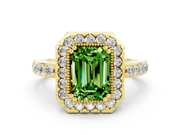 Yellow gold Emerald Cut Peridot Halo Ring with Pavé Band and Prong Setting