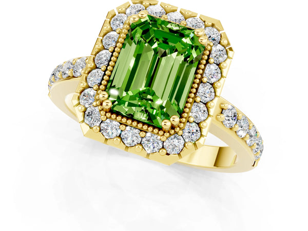 Yellow gold Emerald Cut Peridot Halo Ring with Pavé Band and Prong Setting