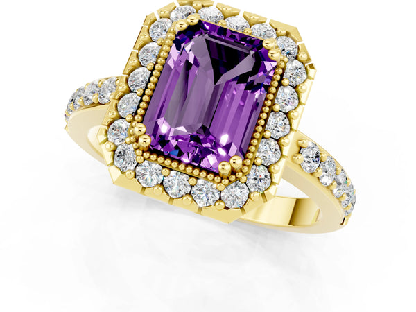 Yellow gold Emerald Cut Amethyst Halo Ring with Pavé Band and Prong Setting