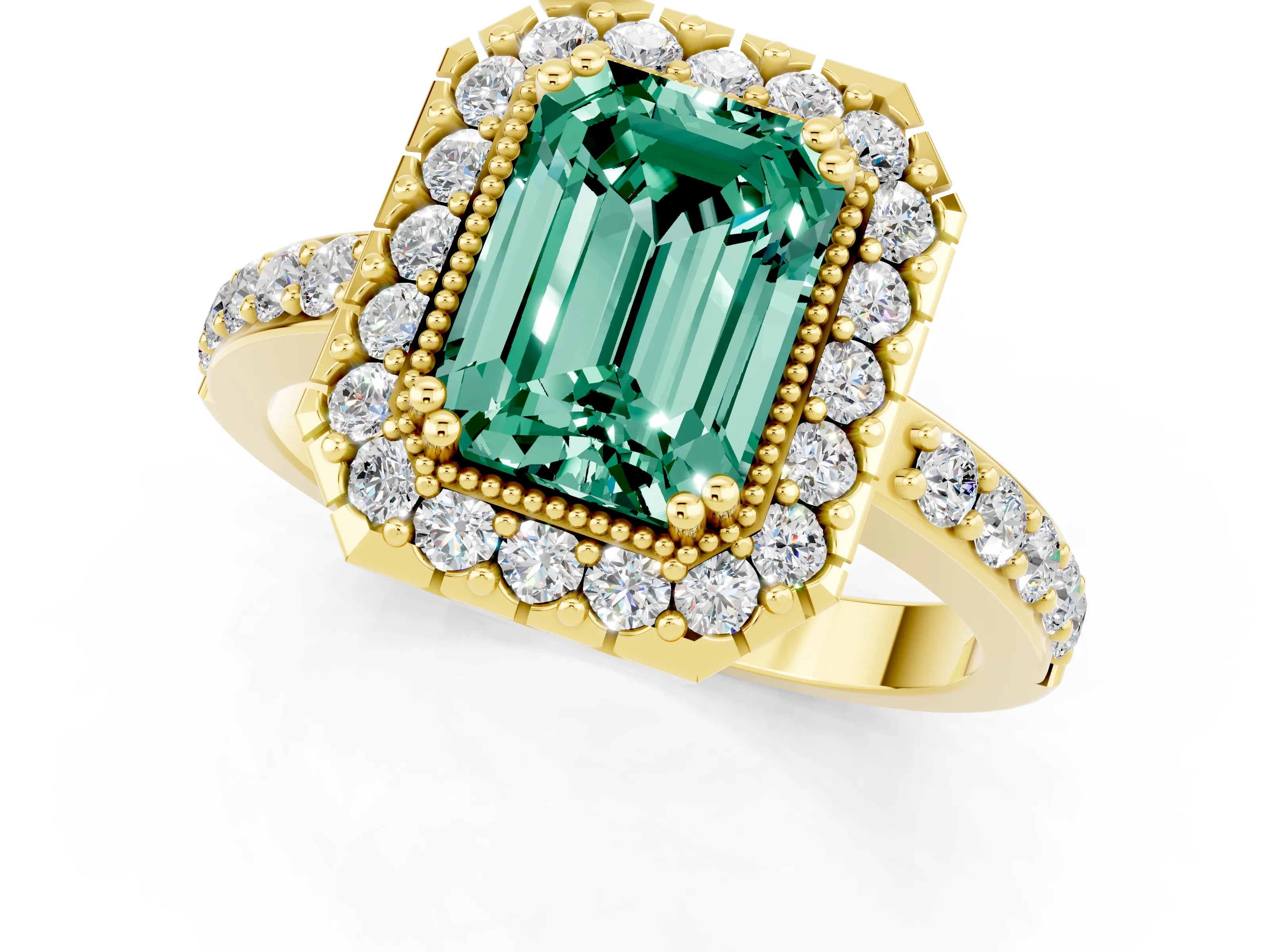 Yellow gold Emerald Cut Diamond Halo Ring with Pavé Band and Prong Setting_1