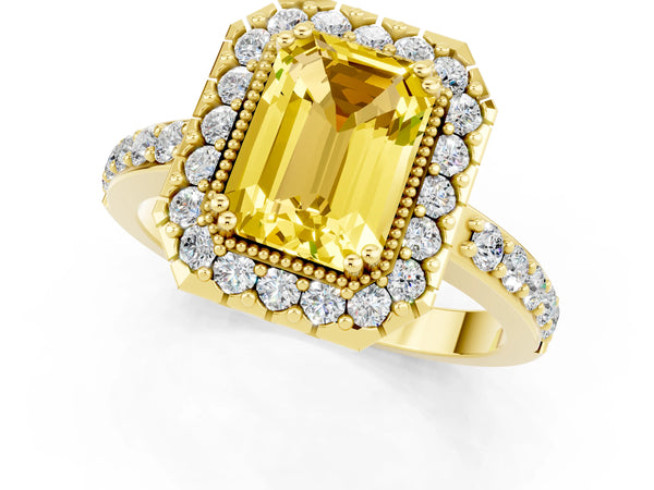 Yellow gold Emerald Cut Yellow Sapphire Halo Ring with Pavé Band and Prong Setting