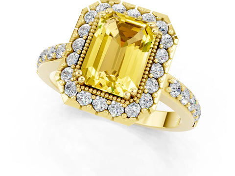 Yellow gold Emerald Cut Diamond Halo Ring with Pavé Band and Prong Setting_1