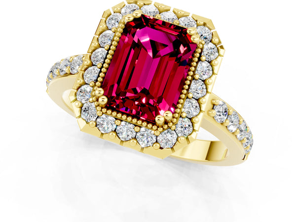 Yellow gold Emerald Cut Garnet Halo Ring with Pavé Band and Prong Setting