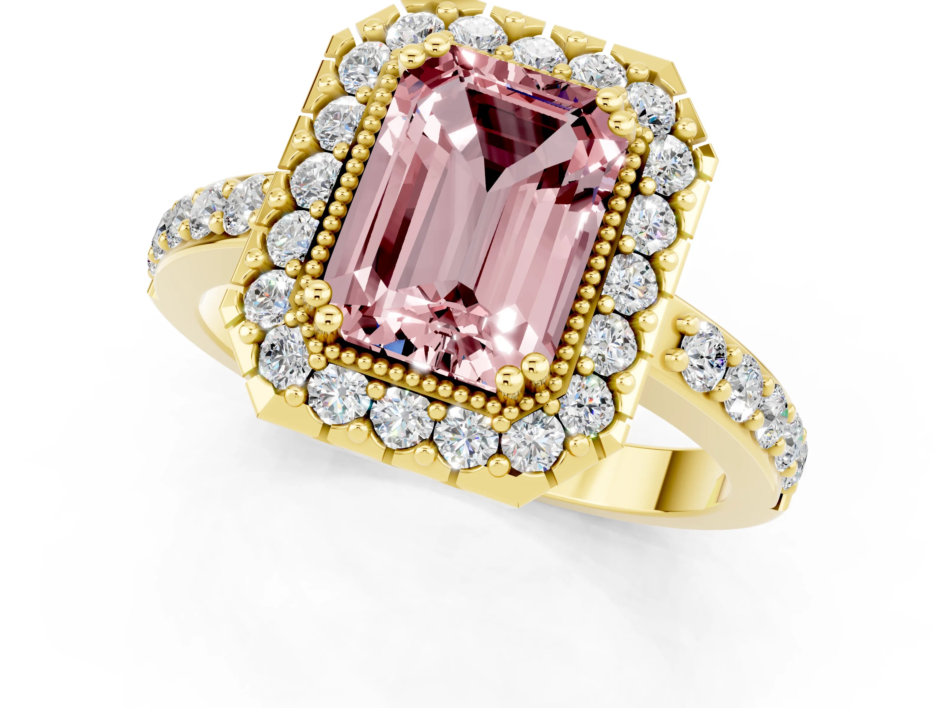 Yellow gold Emerald Cut Diamond Halo Ring with Pavé Band and Prong Setting_1