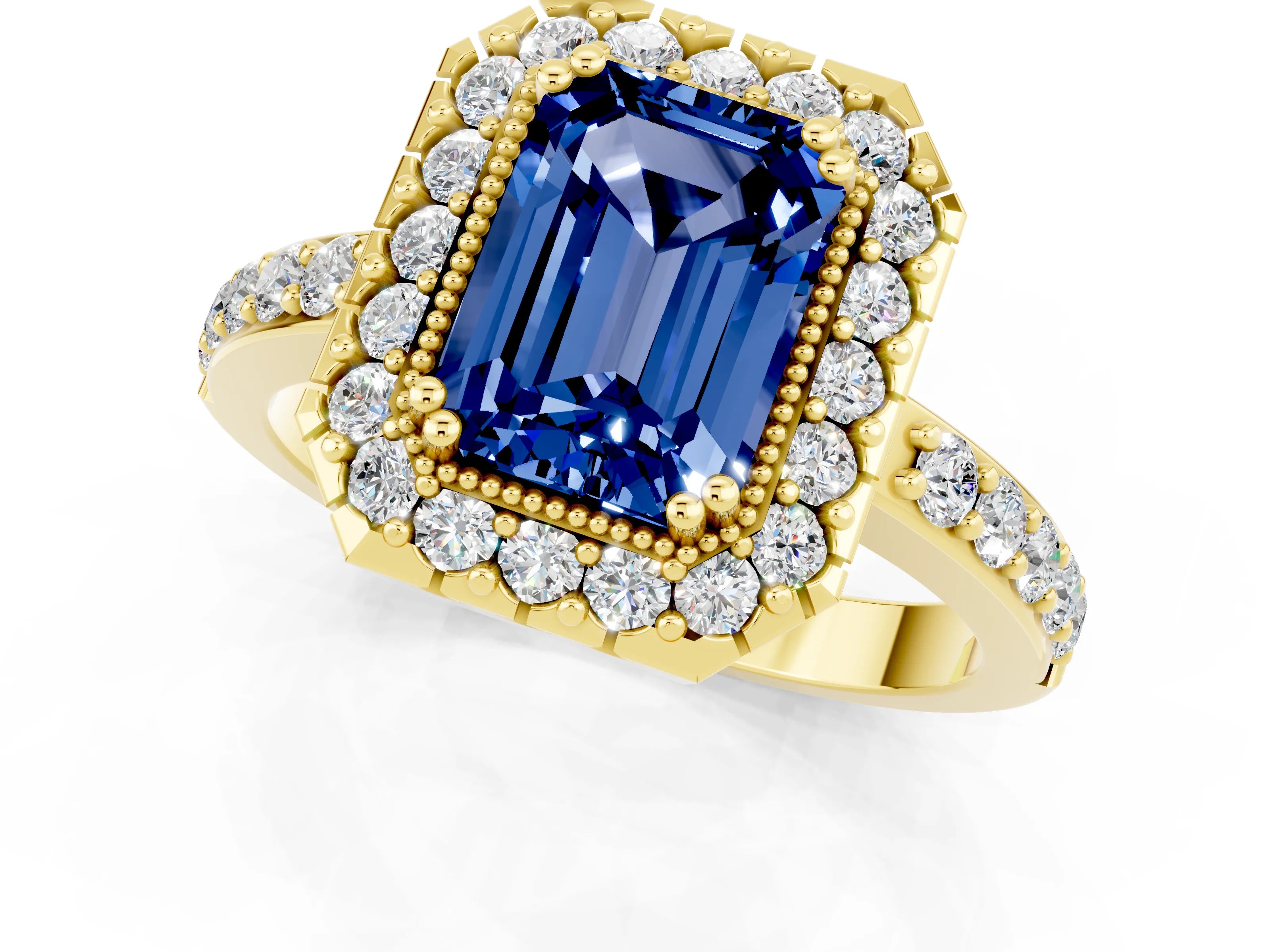 Yellow gold Emerald Cut Diamond Halo Ring with Pavé Band and Prong Setting_1