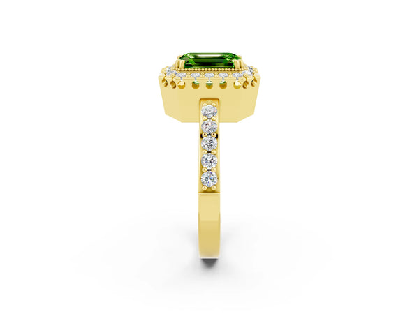 Yellow gold Emerald Cut Peridot Halo Ring with Pavé Band and Prong Setting