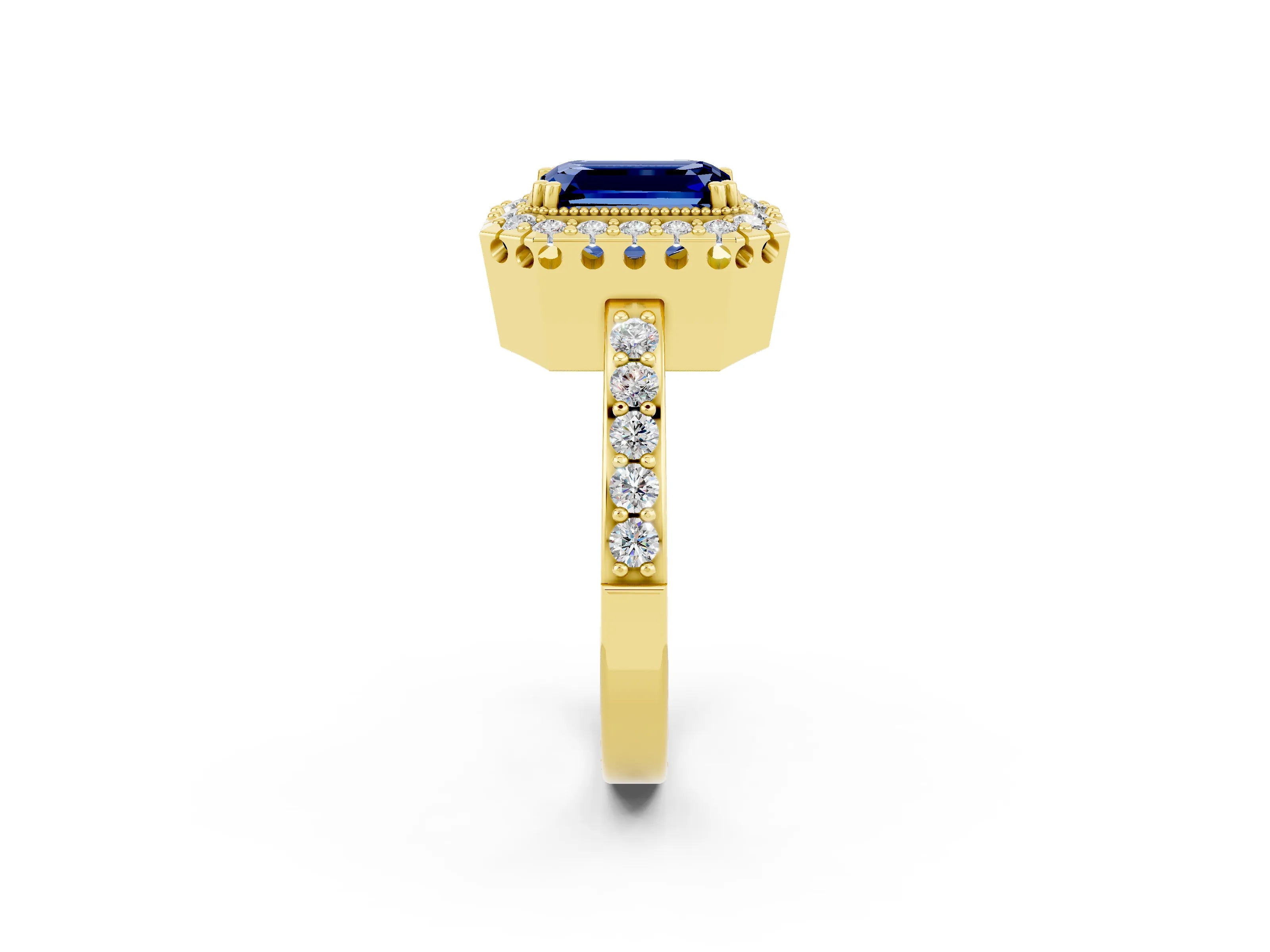 Yellow gold Emerald Cut Diamond Halo Ring with Pavé Band and Prong Setting_2