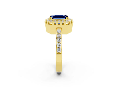 Yellow gold Emerald Cut Diamond Halo Ring with Pavé Band and Prong Setting_2