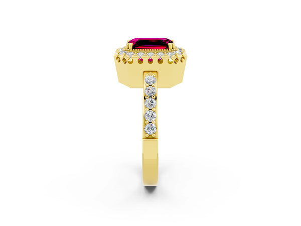 Yellow gold Emerald Cut Garnet Halo Ring with Pavé Band and Prong Setting