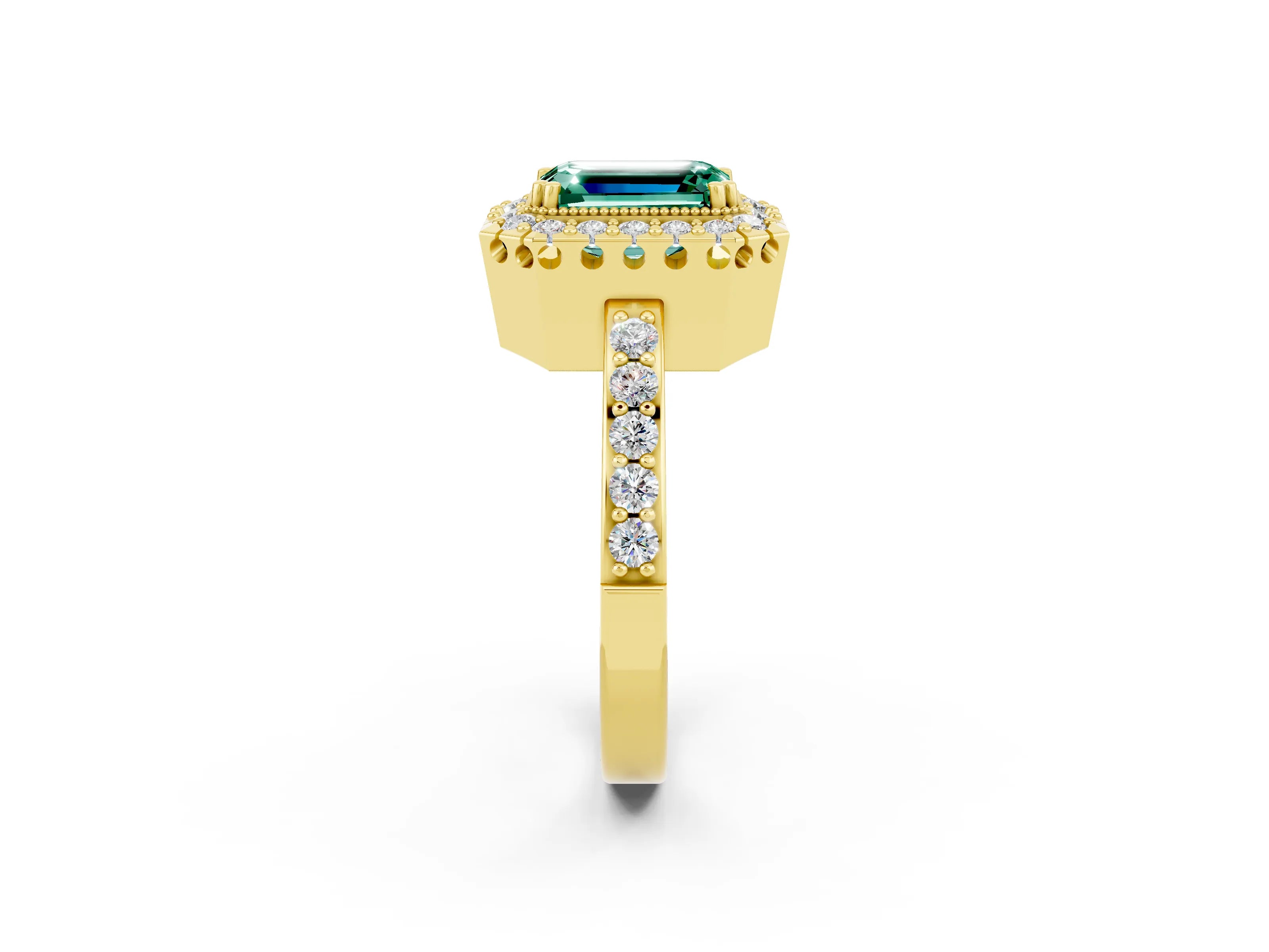 Yellow gold Emerald Cut Diamond Halo Ring with Pavé Band and Prong Setting_2