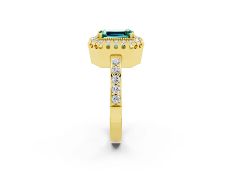 Yellow gold Emerald Cut Diamond Halo Ring with Pavé Band and Prong Setting_2