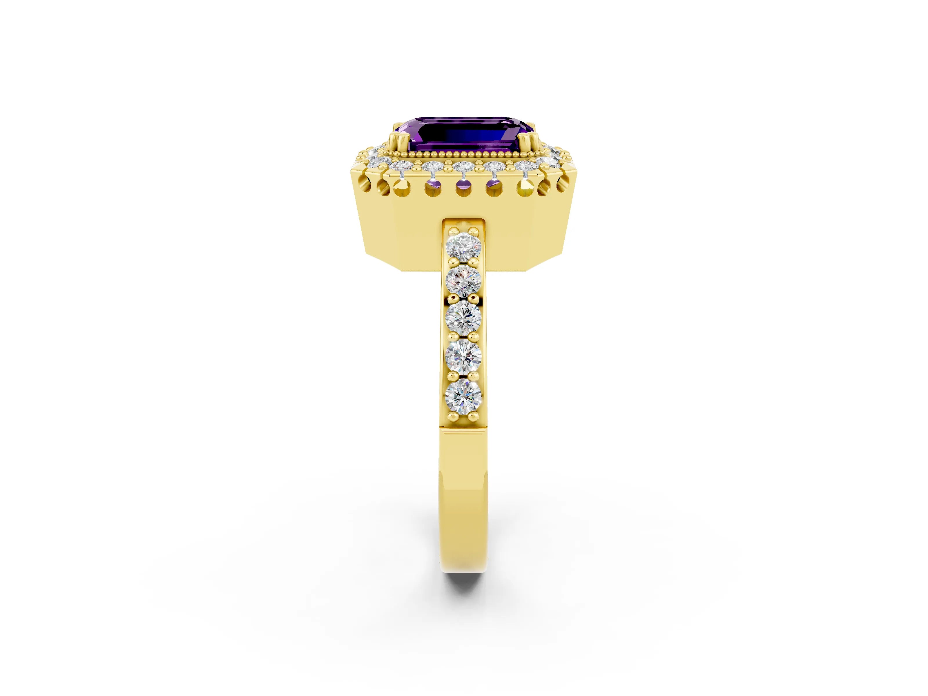 Yellow gold Emerald Cut Diamond Halo Ring with Pavé Band and Prong Setting_2