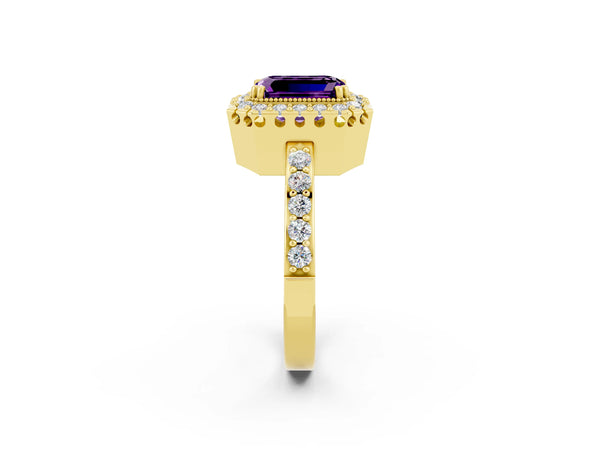 Yellow gold Emerald Cut Amethyst Halo Ring with Pavé Band and Prong Setting