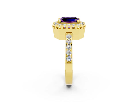 Yellow gold Emerald Cut Diamond Halo Ring with Pavé Band and Prong Setting_2