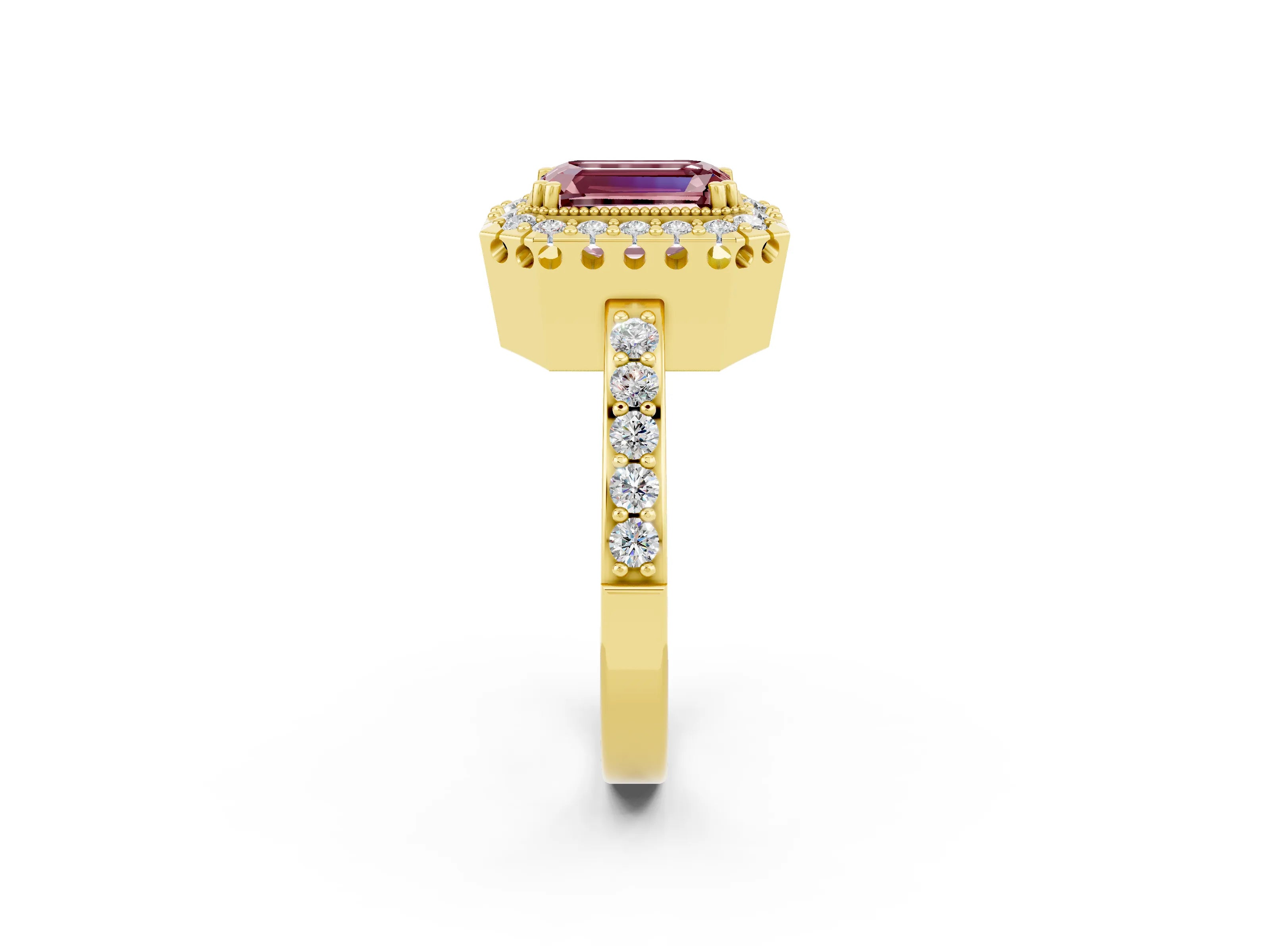 Yellow gold Emerald Cut Diamond Halo Ring with Pavé Band and Prong Setting_2