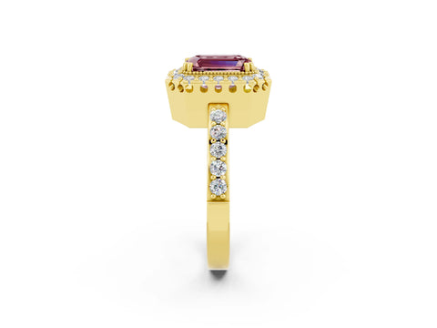 Yellow gold Emerald Cut Diamond Halo Ring with Pavé Band and Prong Setting_2