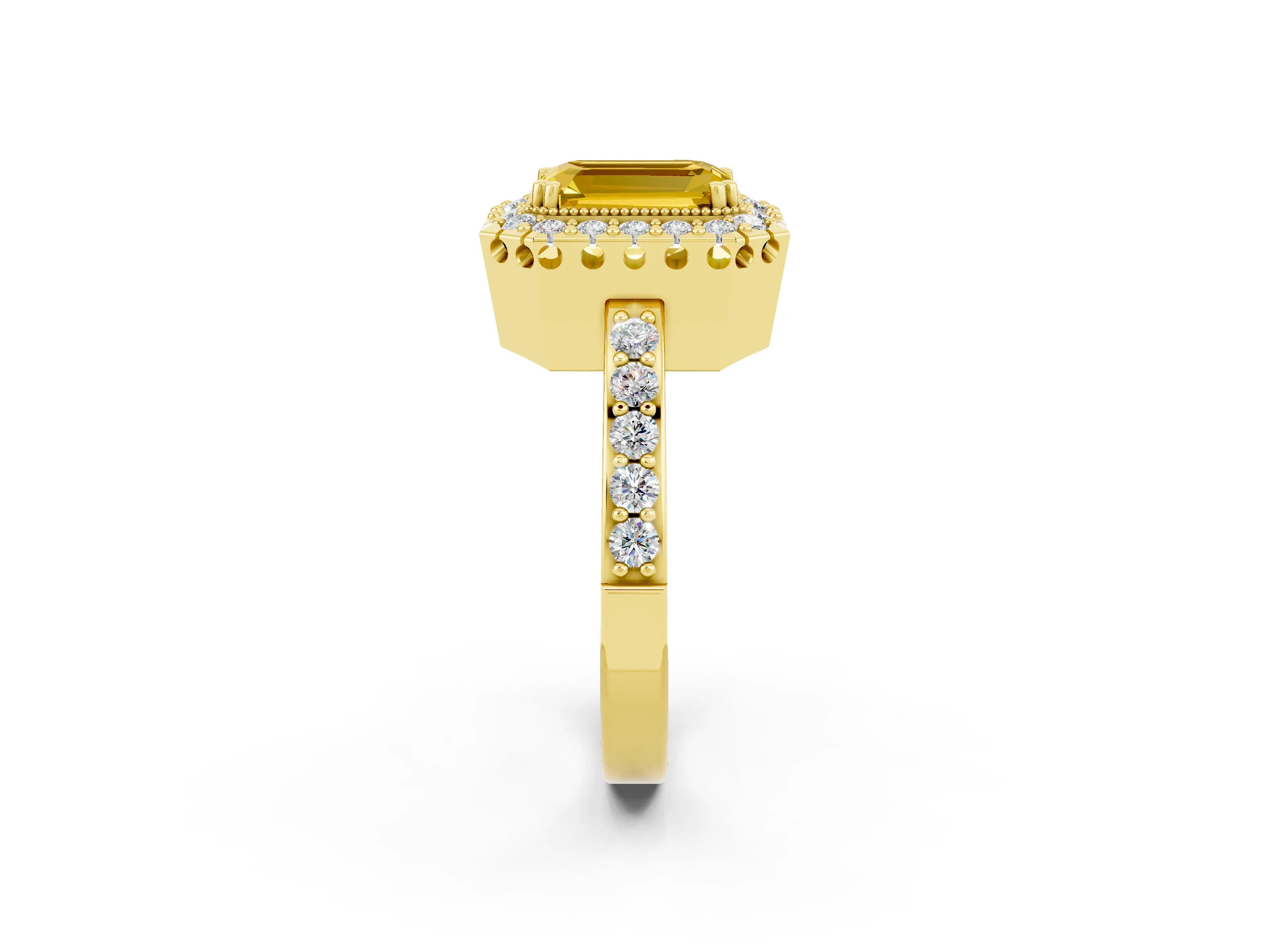 Yellow gold Emerald Cut Diamond Halo Ring with Pavé Band and Prong Setting_2