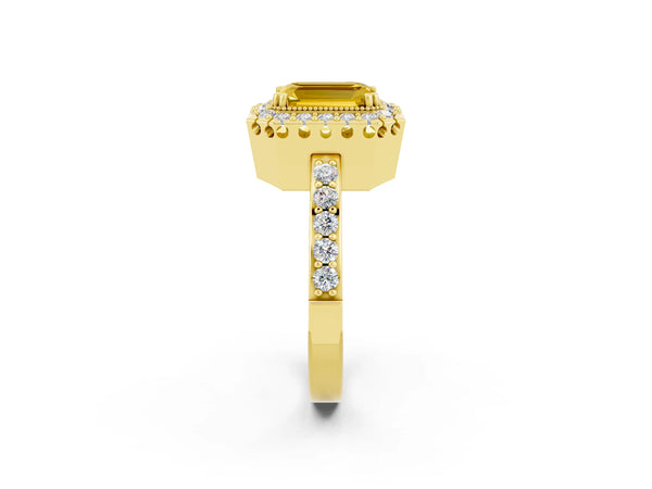 Yellow gold Emerald Cut Yellow Sapphire Halo Ring with Pavé Band and Prong Setting