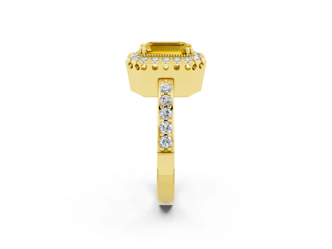 Yellow gold Emerald Cut Diamond Halo Ring with Pavé Band and Prong Setting_2