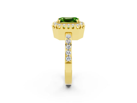 Yellow gold Emerald Cut Diamond Halo Ring with Pavé Band and Prong Setting_2