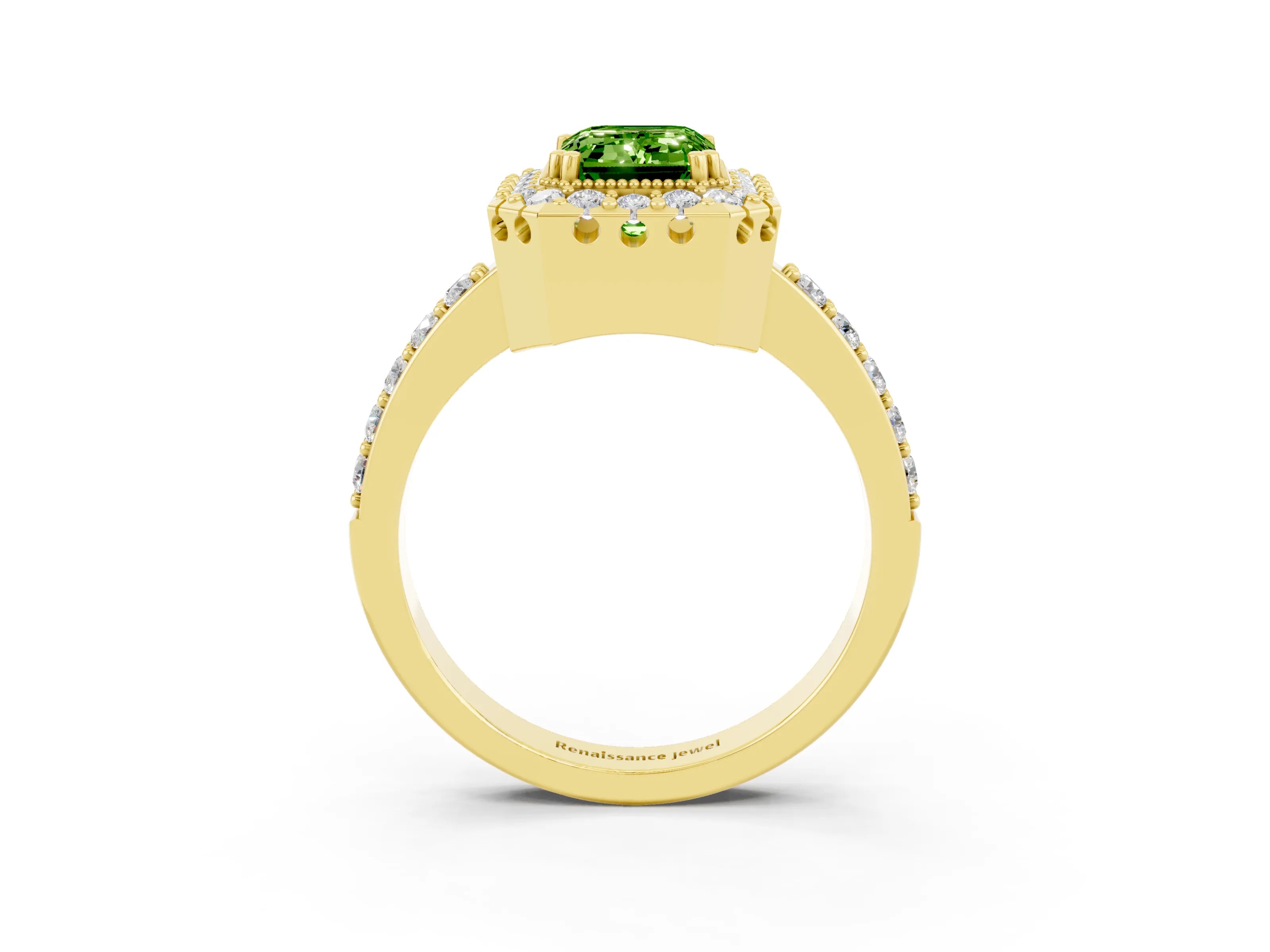 Yellow gold Emerald Cut Diamond Halo Ring with Pavé Band and Prong Setting_3