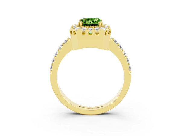 Yellow gold Emerald Cut Peridot Halo Ring with Pavé Band and Prong Setting