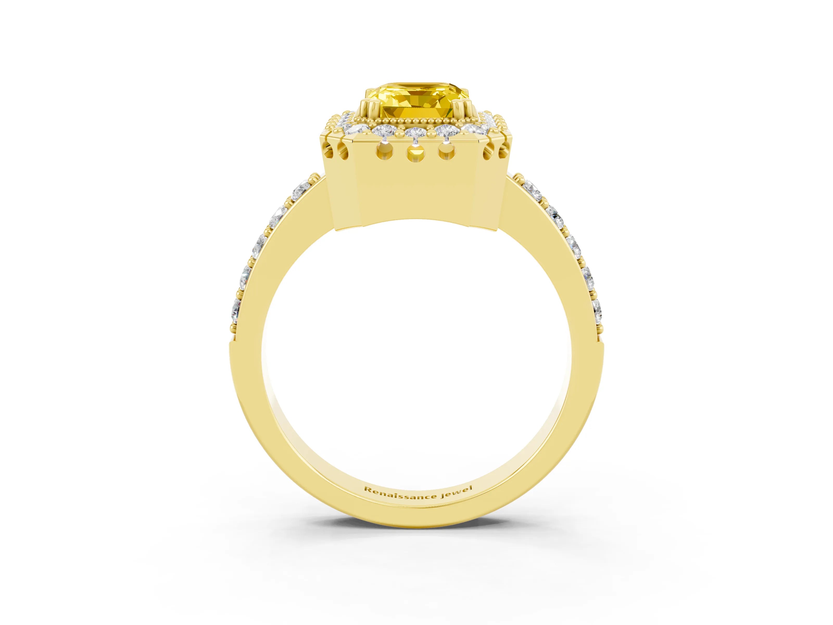 Yellow gold Emerald Cut Diamond Halo Ring with Pavé Band and Prong Setting_3