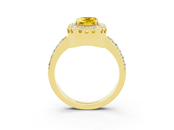 Yellow gold Emerald Cut Yellow Sapphire Halo Ring with Pavé Band and Prong Setting