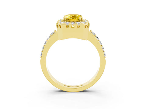 Yellow gold Emerald Cut Diamond Halo Ring with Pavé Band and Prong Setting_3