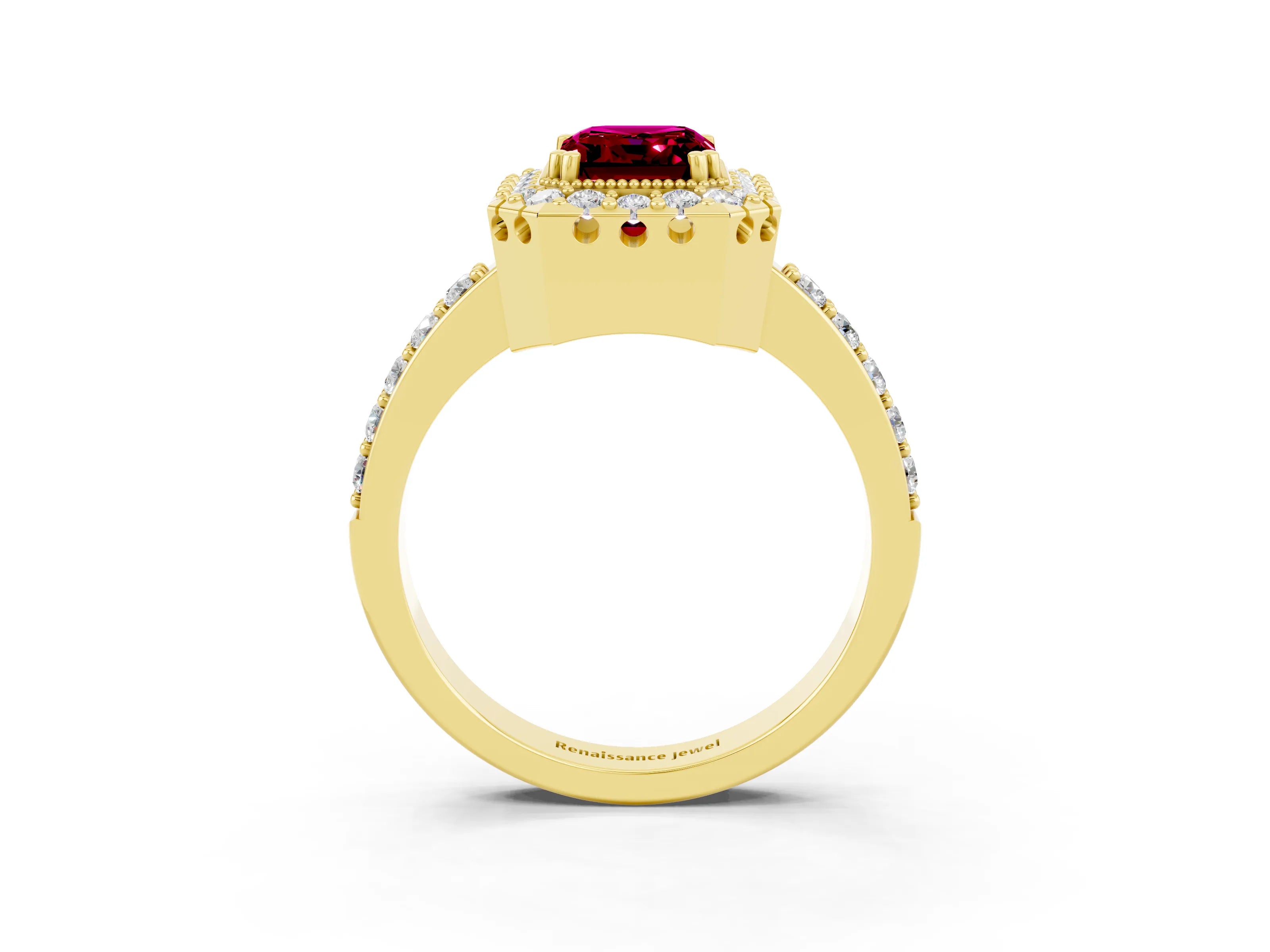 Yellow gold Emerald Cut Diamond Halo Ring with Pavé Band and Prong Setting_3