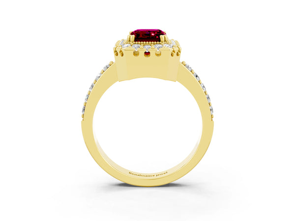 Yellow gold Emerald Cut Garnet Halo Ring with Pavé Band and Prong Setting